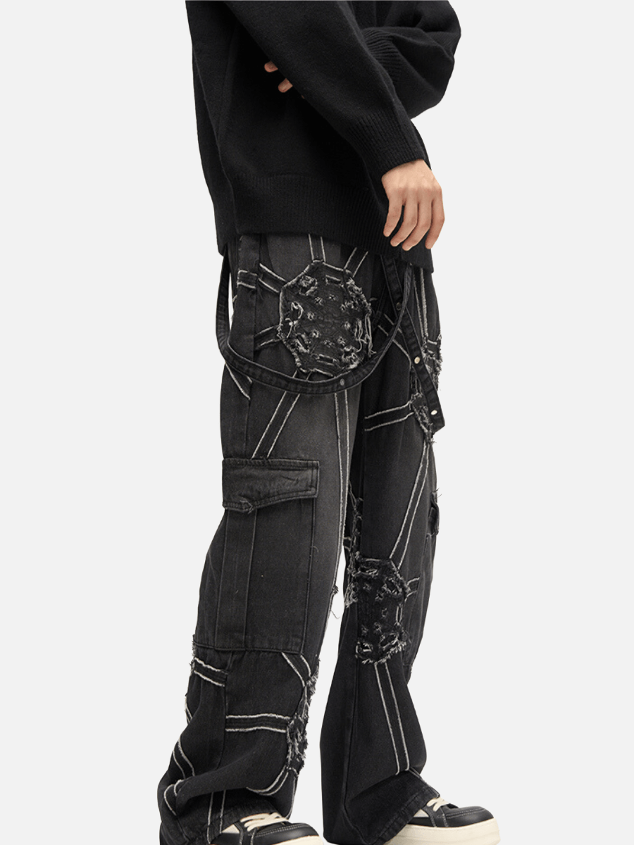 Spider Web Embroidered Denim Cargo Pants