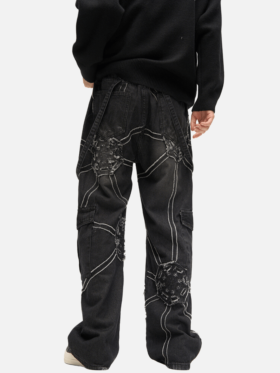 Spider Web Embroidered Denim Cargo Pants