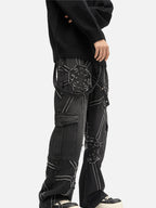 Spider Web Embroidered Denim Cargo Pants