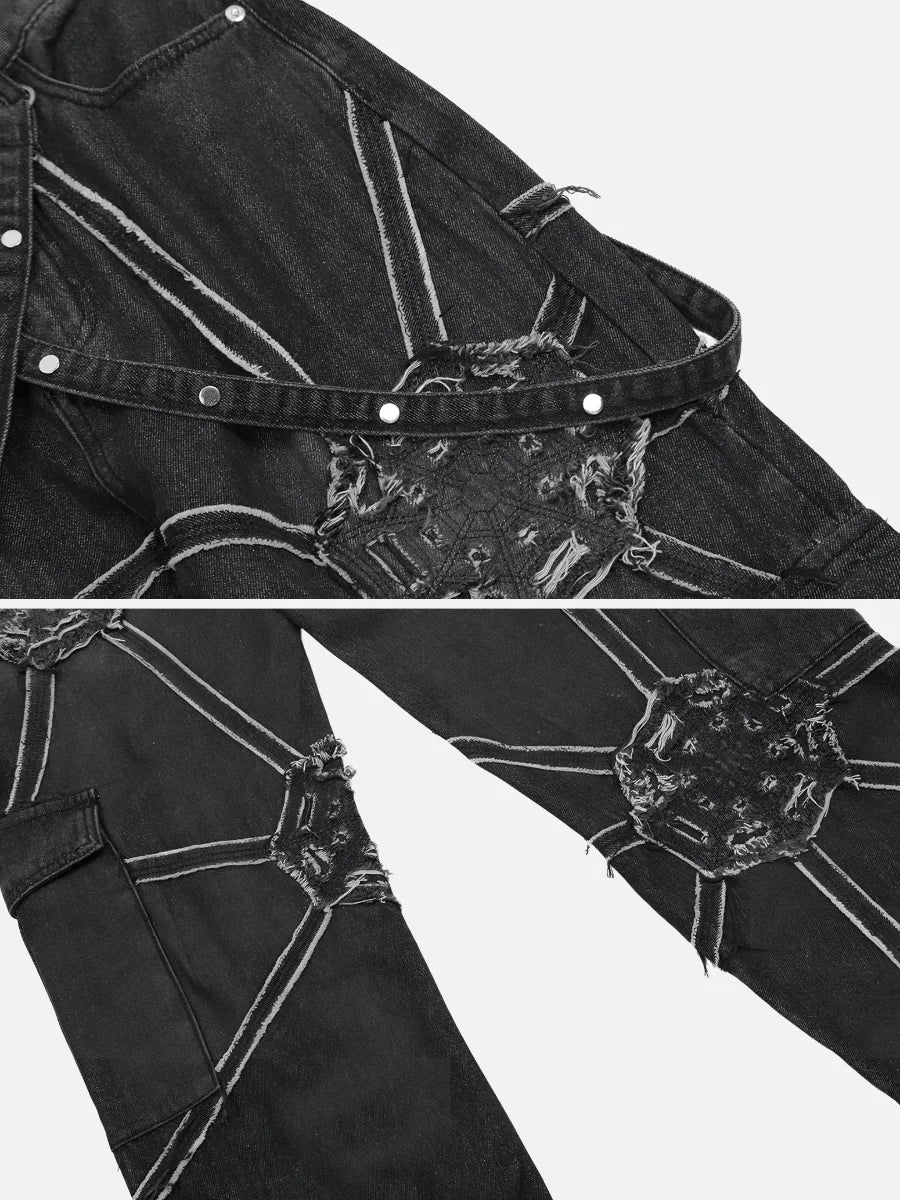 Spider Web Embroidered Denim Cargo Pants