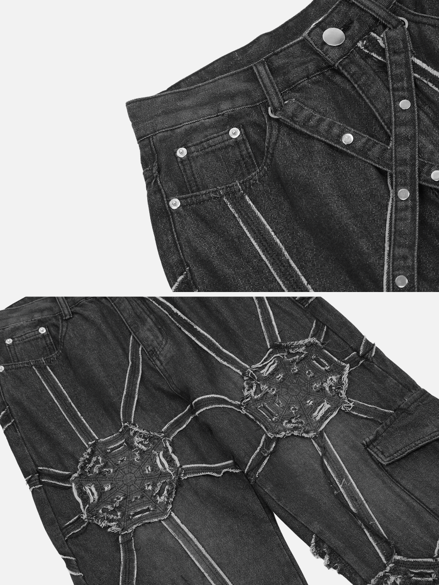 Spider Web Embroidered Denim Cargo Pants