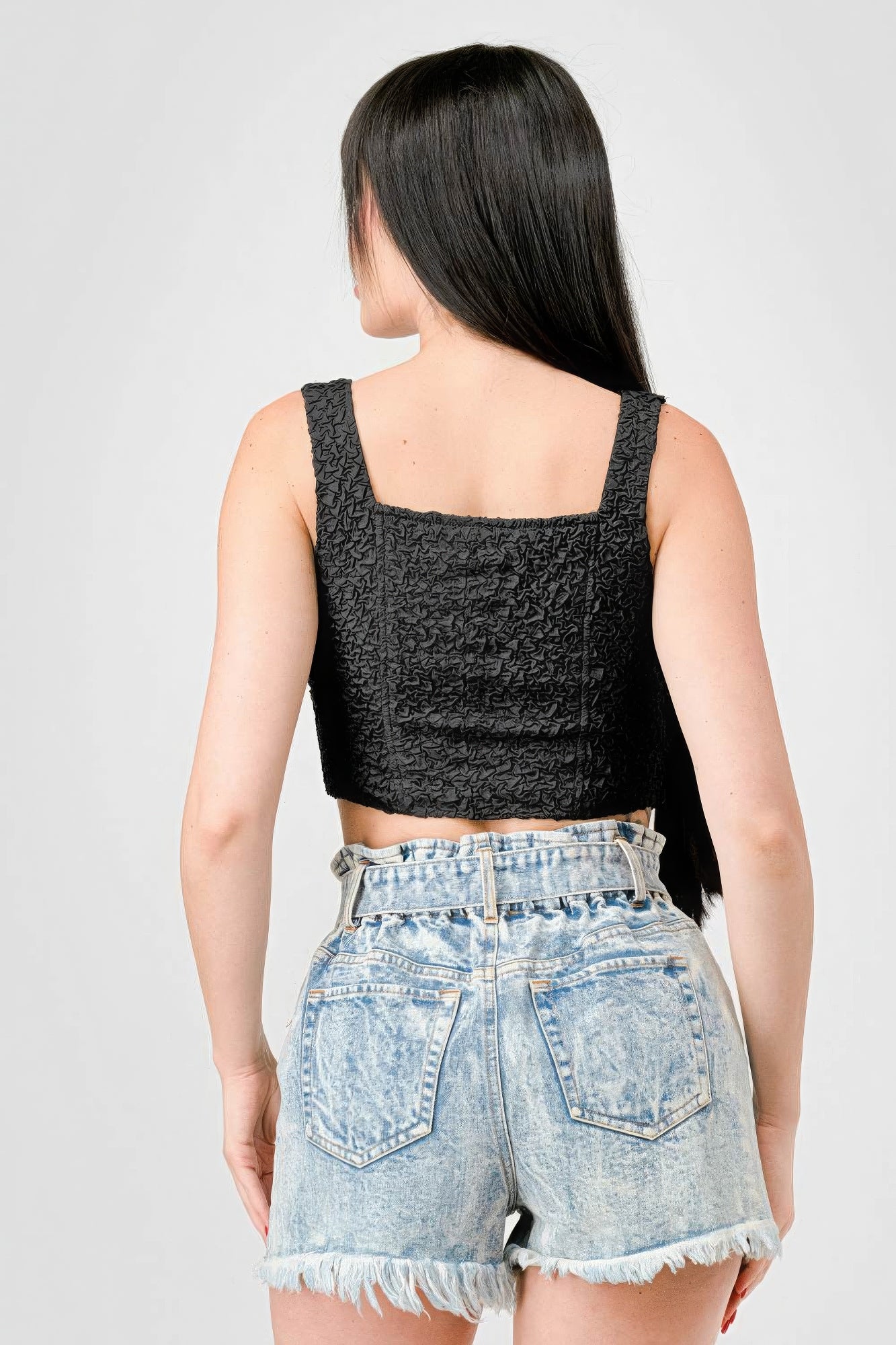 Crinkle Stretch Knit Sweetheart Hooked Bustier Cropped Top