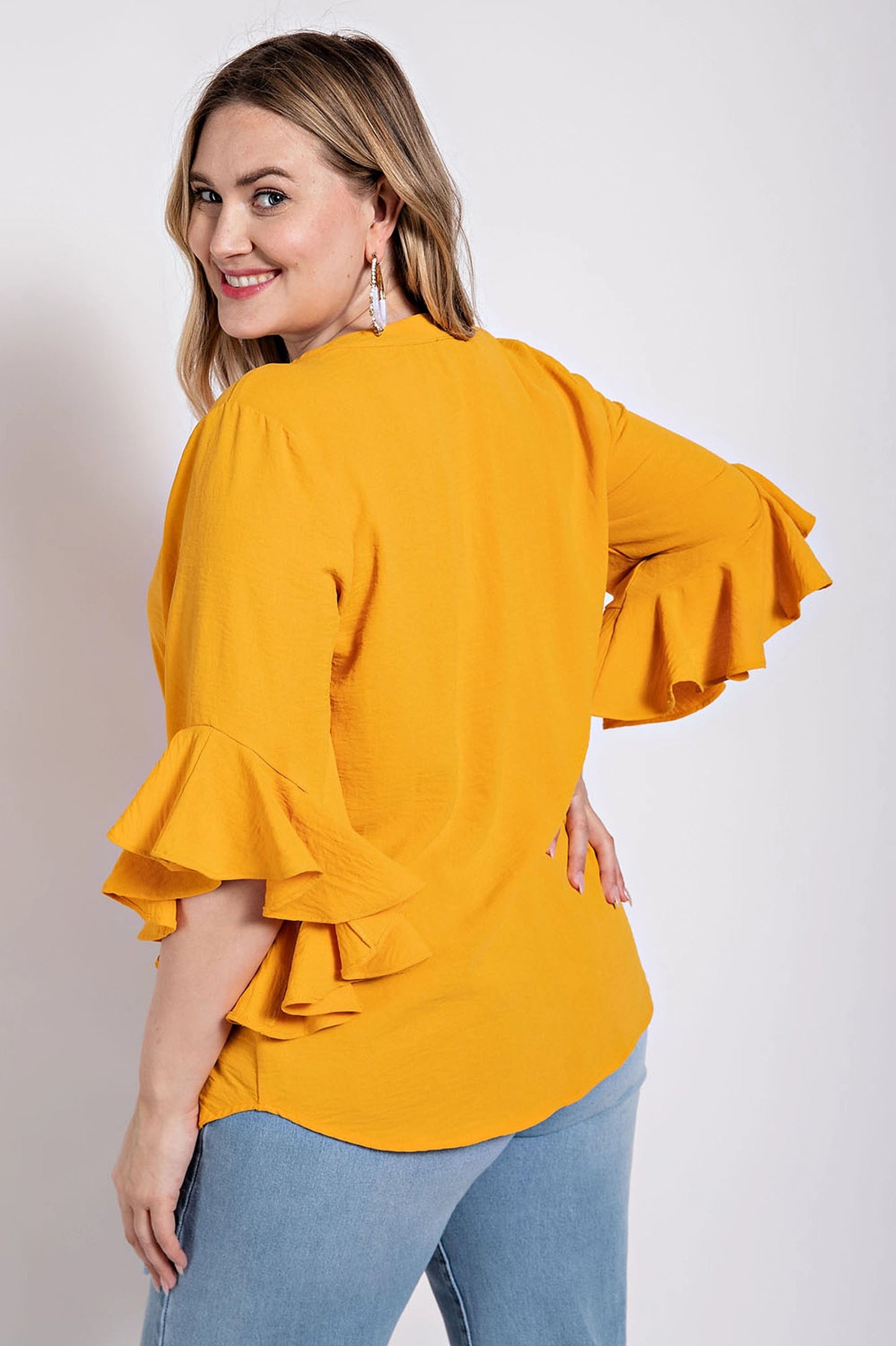 Ruffled Bell Sleeve And Front Pleated Detail Top