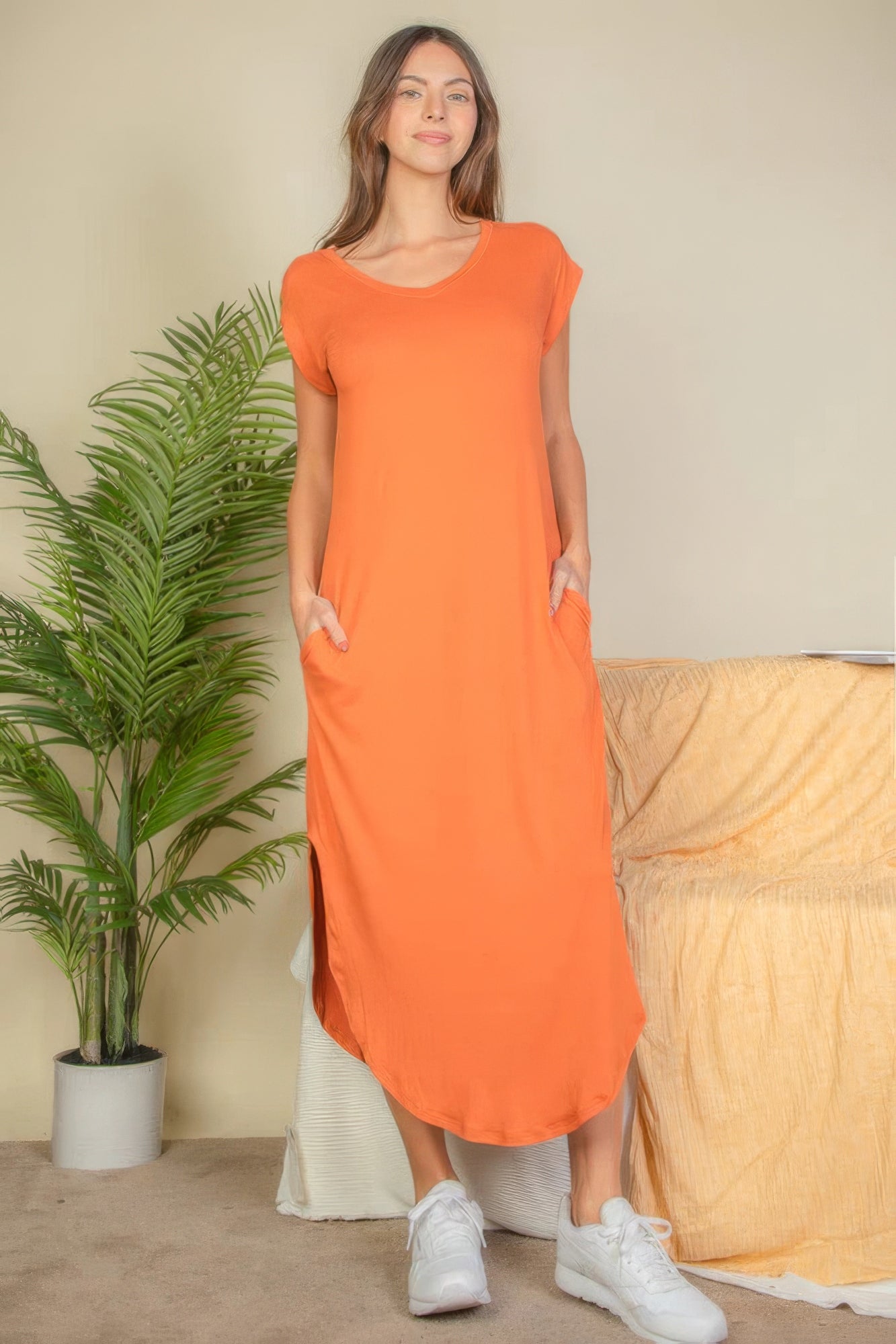 Hidden Pocket Batwing Sleeve V Neck Long Dress