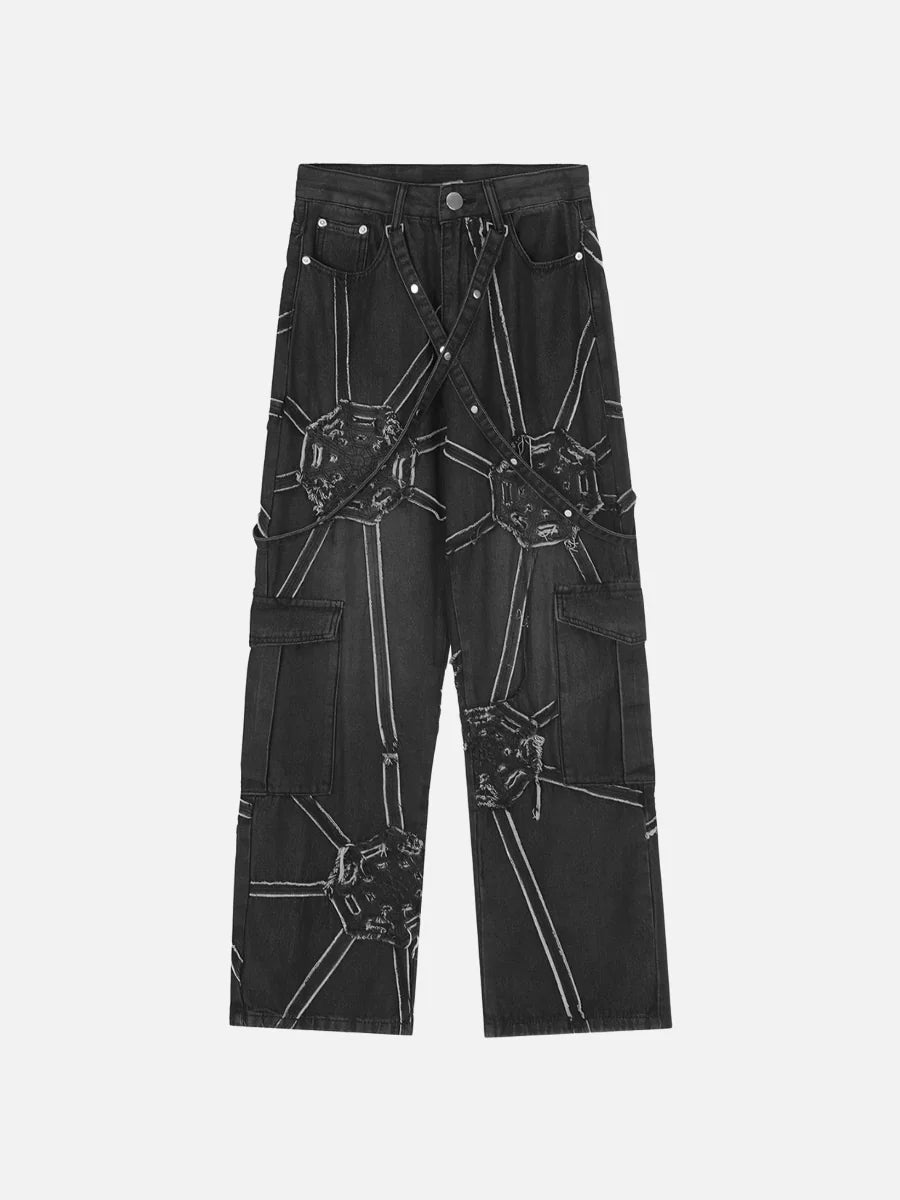Spider Web Embroidered Denim Cargo Pants